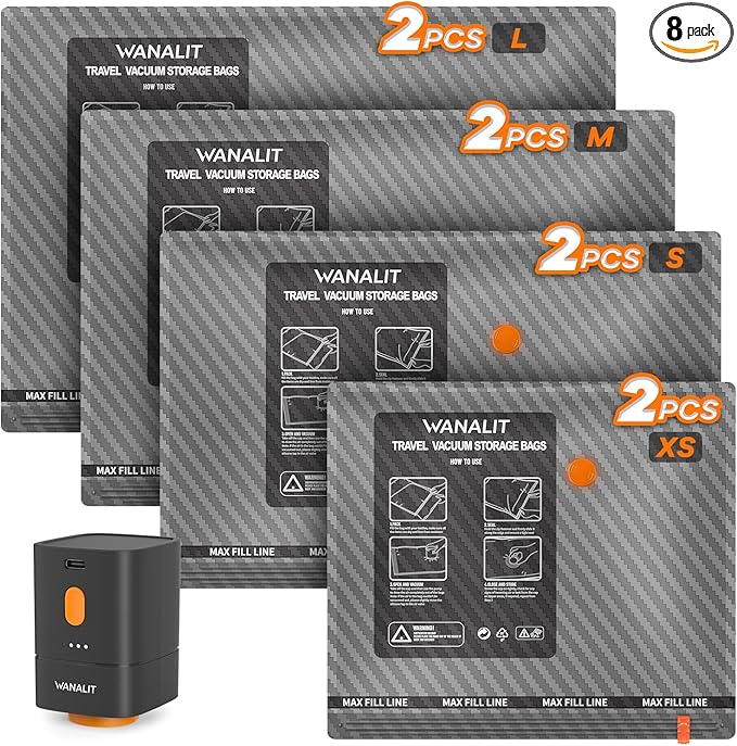 Travel Vacuum Storage Bags with Wireless Rechargeable Electric Pump, 8 Pack Travel Essentials Vacuum Seal Bags for Clothing, Space Saver Compression Packing Bags for Luggage, Suitcase, Backpack, Home