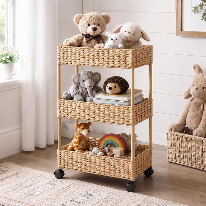 Casafield 3-Tier Rolling Storage Cart - Natural, Water Hyacinth Nursery Caddy, Utility Cart for Bathroom, Craft Room, Laundry Room Organization