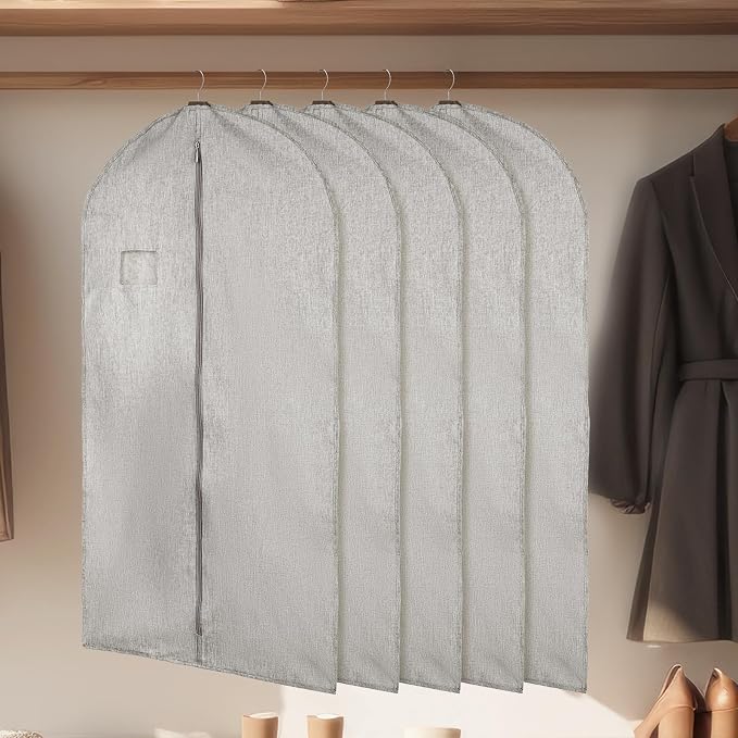 5 Packs Cotton Garment Bag for Hanging Clothes, 40" Breathable Hanging Suit Cover, Linen Garment Bags for Clothes Coats, Leather Jackets, Sweaters and Closet Storage