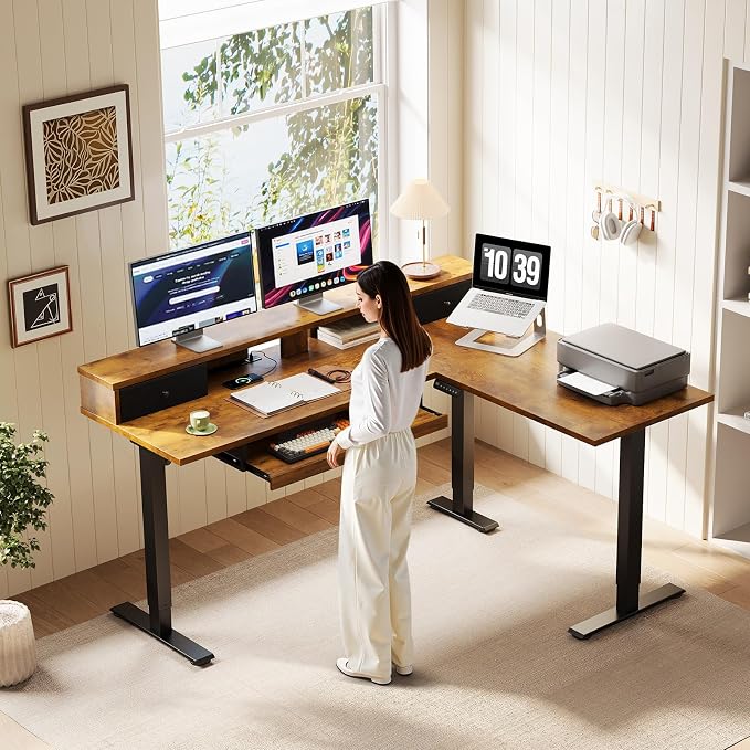 OffiGo 59 Inch L Shaped Electric Standing Desk with Drawers, Rustic Brown | Monitor Stand, Keyboard Tray, Fabric Drawer, Power Outlets, Height Adjustable Corner Stand Up Desk for Organized Home Office