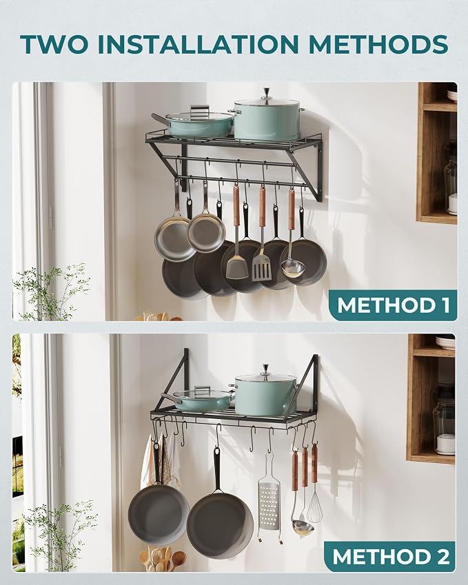 OROPY 23" Pot Rack Wall Mounted, Pot Organizer with 2 Tier Hanging Rails | Heavy Duty Pot and Pan Organizer with Storage Shelf & 12 S Hooks, Space Saving Hanging Pot Rack