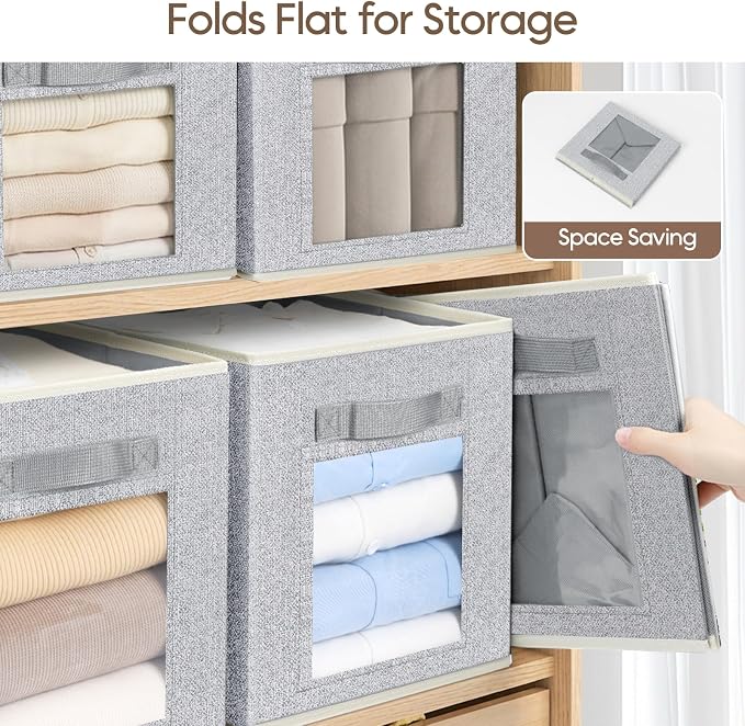 Homsorout Foldable Storage Cubes - Cubby Storage Organizer with Window, Decorative Fabric Bins for Clothes Storage, Closet Organizers for Shelves, 11inch, Set of 8, Light Grey
