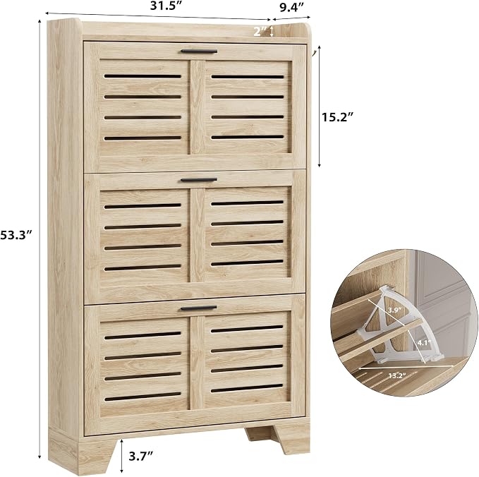 Garvee Shoe Storage Cabinet with 3 Flip Drawers, Freestanding Shoe Organizer Storage for Entryway with 2 Side Hooks, Farmhouse Hidden Slim Narrow Shoe Rack Cabinet, Natural Oak