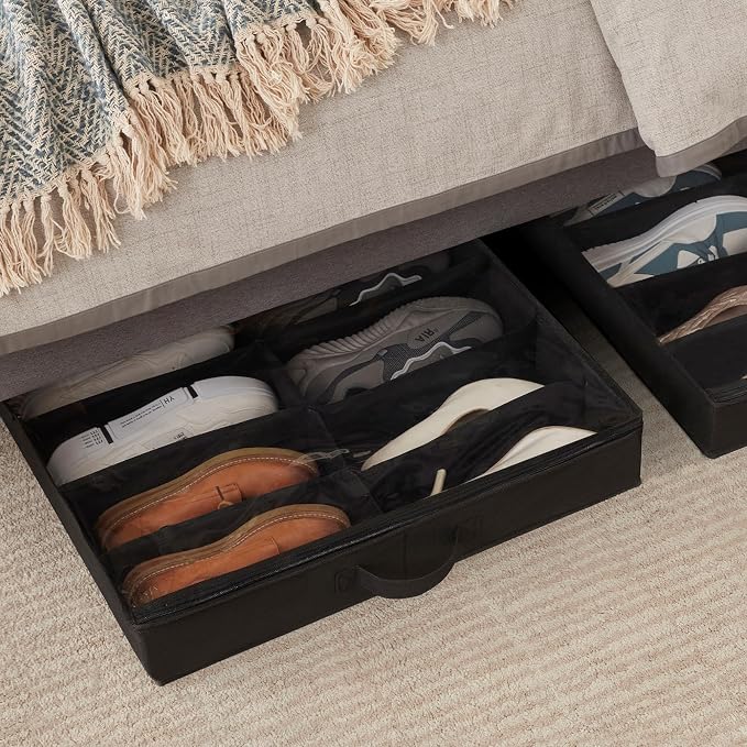 Lifewit Under Bed Shoe Storage Organizer Fits 12 Pairs, 2-Pack 3.9 Inches Tall Low Profile Fabric Shoes Container Box, Slim Shoe Organizer with Clear Cover and Handle, Black