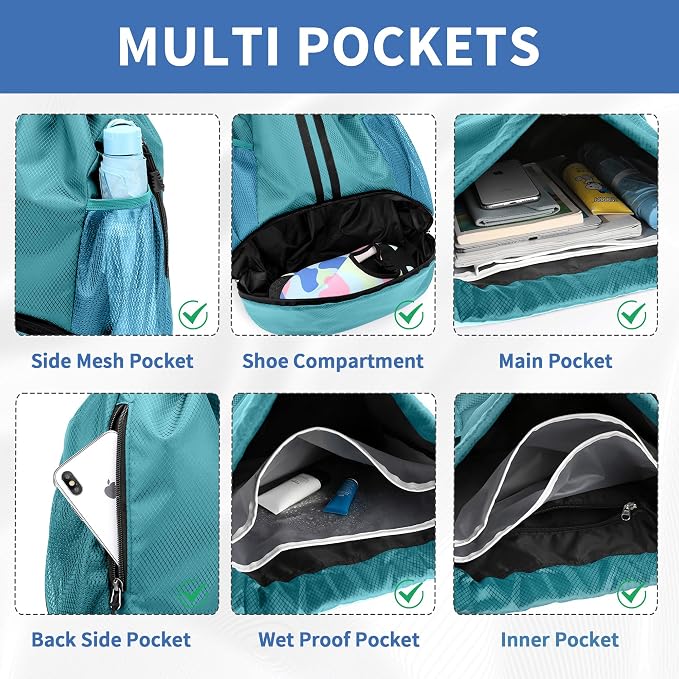 JELUTAR Drawstring Backpack Gym Bag with Shoes Compartment for Soccer, Basketball, Swim, Water-Resistant String Backpack Beach Cinch for Women Men, Teal
