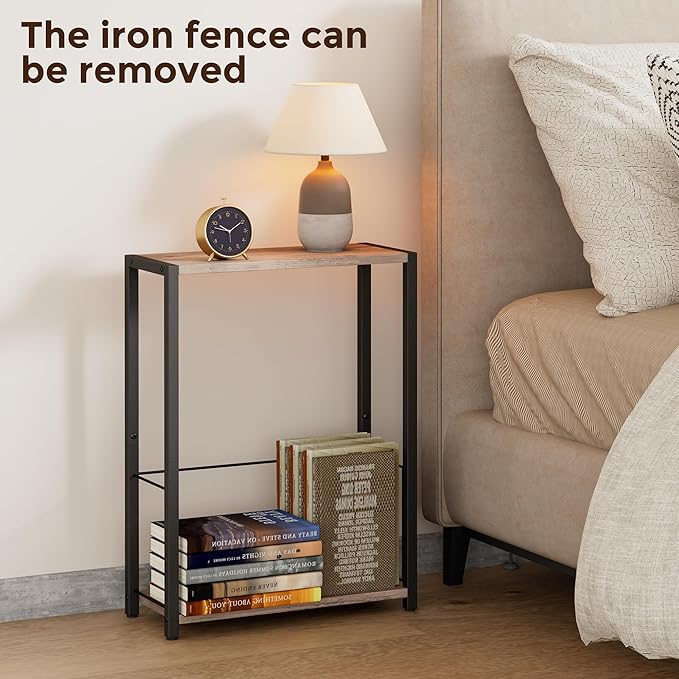 Homleke Narrow Side Tables Set of 2 with Magazine Holder, Skinny End Tables | Space-Saving Design, Small Spaces, Storage Shelf, Metal Frame, Easy Assembly, 7.1" D x 16.9" W x 23.6" H, Greige