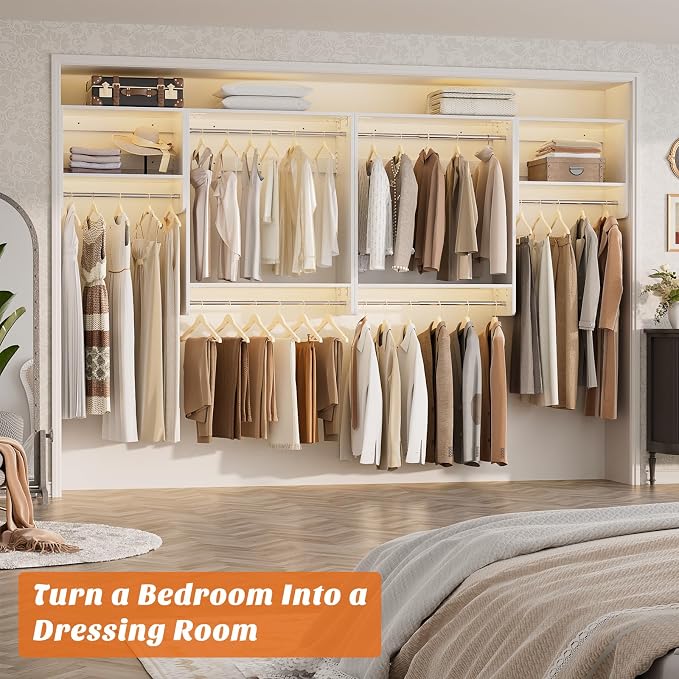 Unikito 36” - 60” Closet System, 5FT Walk in Closet Organizer Starter Kits with 3 Hanging Rods and 2 Shelves, Heavy Duty Reversible Wood Clothing Racks, Cut Be Cut to Fit, Max Load 800 LBS, White