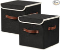 2PCS Storage Cubes with Lid Fabric Storage Bins Boxes PU Leather Handles Cotton Linen Closet Organizer Container Decorative Foldable Washable Shelf Cloth Basket (Flip-top Lid, Black, 11in)