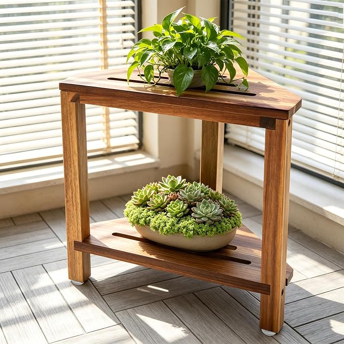 IBosins Corner Shower Stool with Storage Shelf Shower Foot Rest for Shaving Legs Small Bench for Inside Shower to Sit on Bath Seat - Acacia Wood
