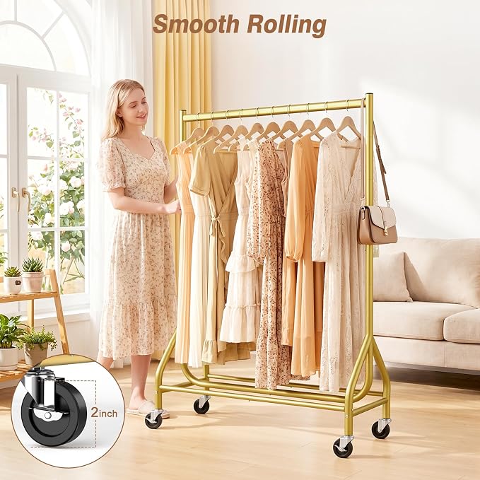EAGMAK Heavy Duty Clothes Rack Load 268 LBS, 31.5 inch Hanging Rod, Gold | Metal Frame, Stable Base, Compact Size, Rolling Smooth, For Bedroom Closet Entryway Laundry Living Room Home Garage Storage