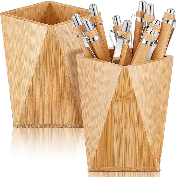 Henoyso 2 Pcs Bamboo Wood Pen Pencil Holder Geometric Pencil Cup Stand Makeup Organizer for Pen Holder Desk Home Office Adults(Bamboo)
