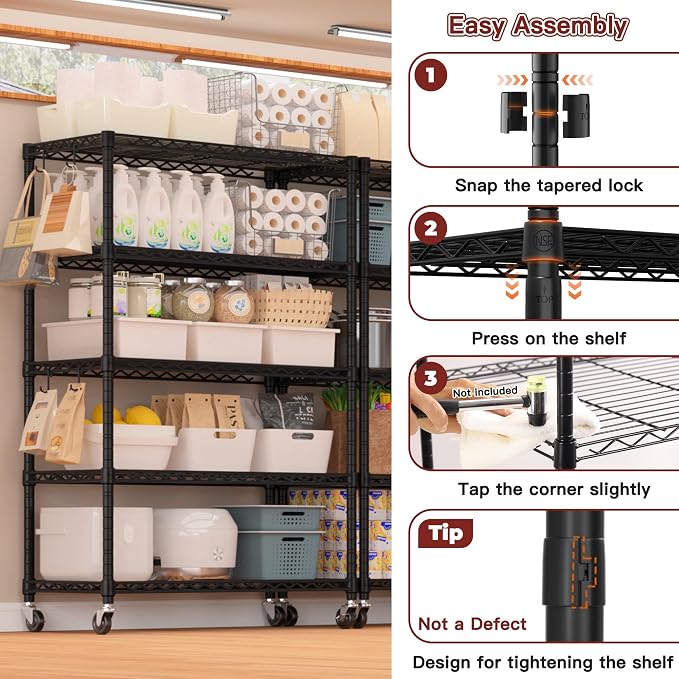PrimeZone 36" W x 16" D x 79" H Wire Storage Shelves with Wheels, 5 Tier NSF Certified Heavy Duty Adjustable Kitchen Shelving Unit, Bakers Rack Organizer Rolling Metal Shelf for Garage Closet Pantry