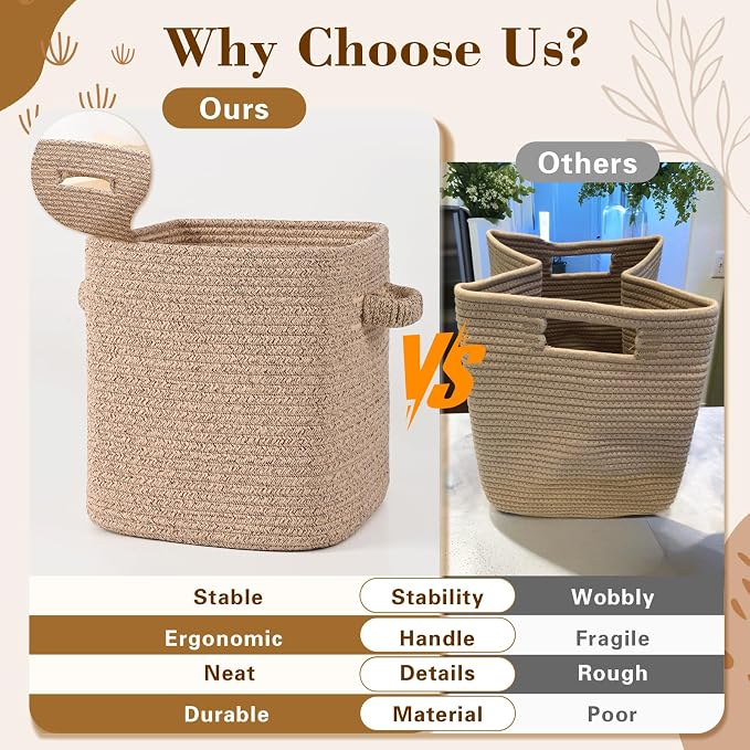 13 Inch Storage Cubes, 3 Pack Cube Storage Bins for Organizing, Cotton Rope Woven Baskets for Shelves, Bathroom, Kids Room, Closets, Baby Nursery