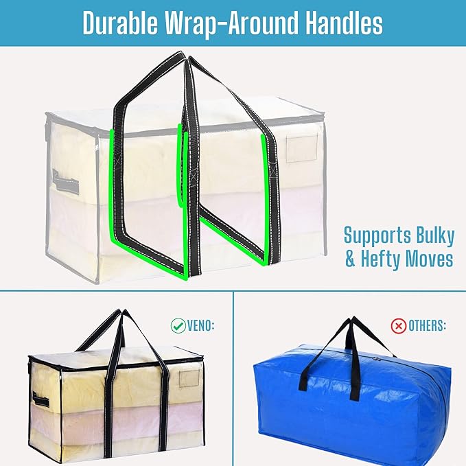 VENO 8 Pack Clear Moving Bags, 90L Extra Large Transparent Storage Totes, Heavy Duty 50lbs Load, Reinforced Handles, Zippers & Tag, See-Through Packing Boxes for Organizing Closet, Bedding, Clothes