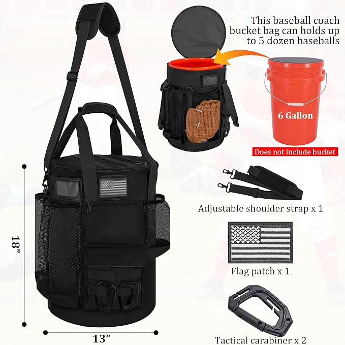 Baseball Bucket Bag, Tactical Style Softball Bucket Cover for 6 Gallon Bucket, Coaching Accessories Organizer with Multiple Pockets for Bat, Gloves, Scoreboard