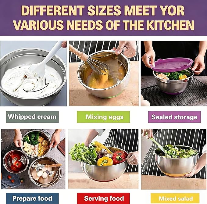 Umite Chef Thickened Stainless Steel Bowl Set, Mixing Bowl Set with Lid, Grater Attachment, Non-Slip Bottom and Kitchen Gadget Set, Sizes 7, 4, 2.5, 2.0, 1.5, 1QT, Ideal for Mixing and Serving