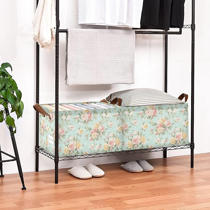 French Country Style Roses and FlowersStorage Bins for Shelves with Labels&Handles Fabric Organizer Bin Foldable Rectangle Storage Basket Boxes for Closet, Bathroom, Home, Living Room, 2 Pack