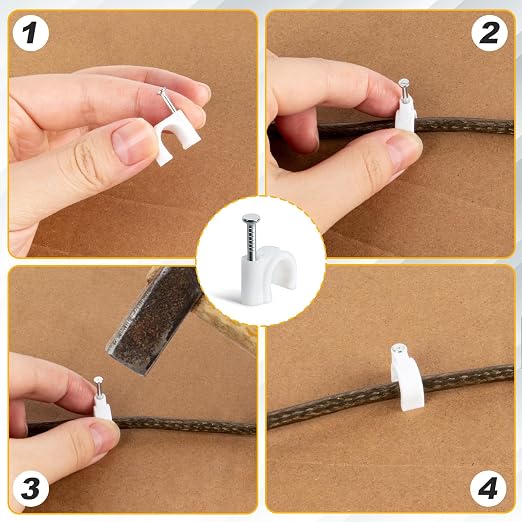 Cable Wire Clips - 100 Pcs White Cable Clips 8mm 10mm Wire Staples Wall Cables Management with Steel Nails Cord Holder for Wires, Ethernet, Cord Organization