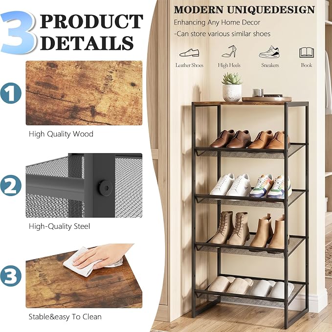 Shoe Rack for Entryway,，5 Tier Shoe Storage Organizer，Sturdy Shoe Shelf,Boot Rack with a Fine Mesh Shelves，for Living Room, Hallway，Small Space,11.8 x 16.5 x 27.9 Inches,Brown