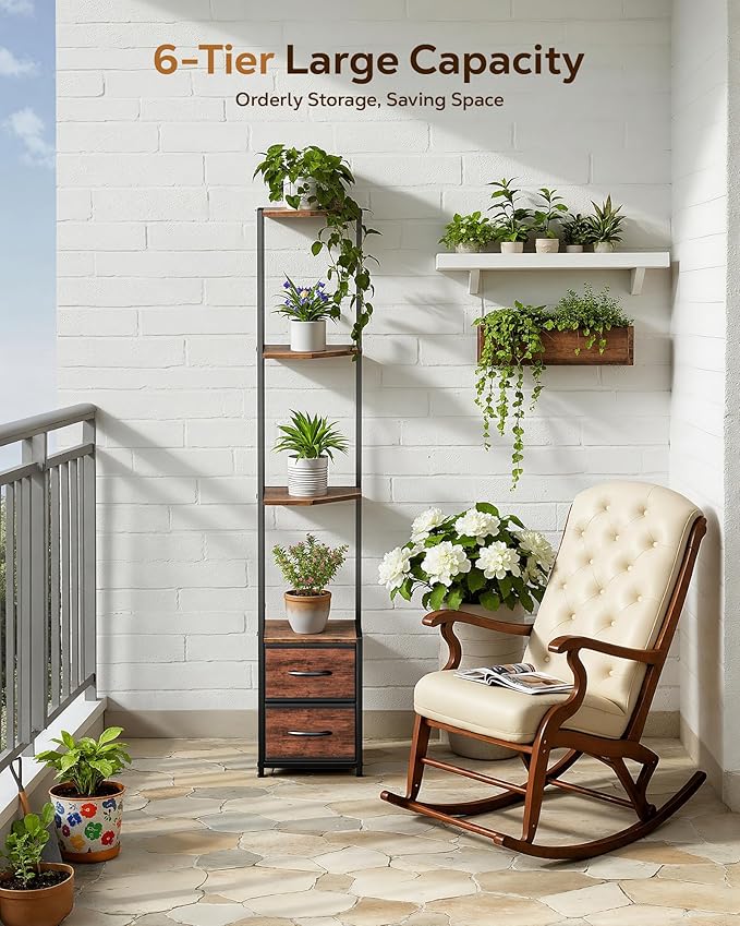Housolution Corner Shelf Stand with Storage, 63.4'' Tall 6-Tier Corner Bookshelf Includes Fabric Drawers, Freestanding Corners Storage Shelf for Living Room Bedroom Kitchen Bathroom (Black + Brown)