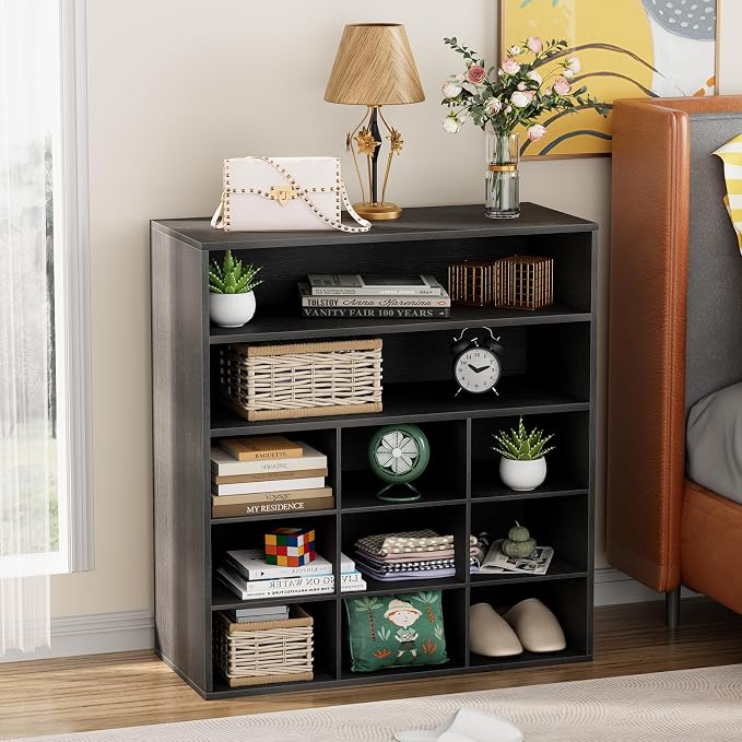 Garden 4 you Shoe Rack Organizer, 5-Tier Wood Cubby Shoe Rack with 2 Storage Shelf and 9 Cubbies, Shoe Organizer Cabinet for Entryway, Hallway, Closet and Garage,Black