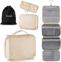 Elviros Hanging Travel Toiletry Bag for Women Vegan Leather (Beige) | 3-in-1 Waterproof Makeup Bag with Compartments for Skincare, Toiletries, Accessories, and Travel Essentials