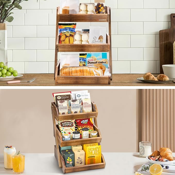 G.a HOMEFAVOR Fruit Basket: 3-Tier Acacia Wood Fruit Bowl for Kitchen, Fruit Stand Storage Holder for Vegetables and Snack Home Kitchen Countertop Organizer (Self-assembly)