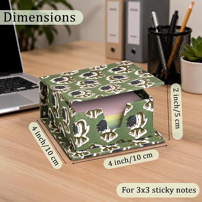 Ridhi Block Print Basil Green Sticky Note Holder Box for Desk, Aesthetic Memo Pad Organizer, Sticky Note Box Decorative Office Accessory, Stationery Gift for Teachers, Students, Professionals