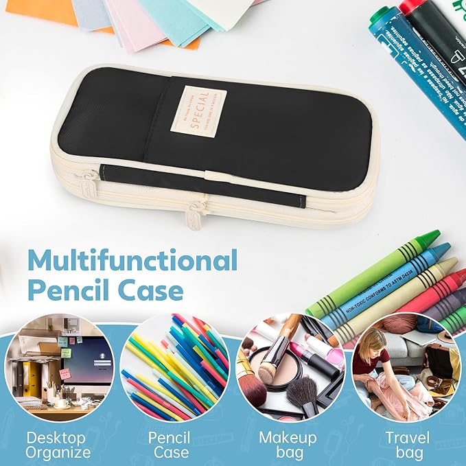 PUPTILY Pencil Case, Large Capacity Aesthetic Pencil Cases with Durable Zipper, Big Stationery Pencil Pouch for Women & Men, Adults Portable Storage Organizer Bag for College, office, Travel (Black)
