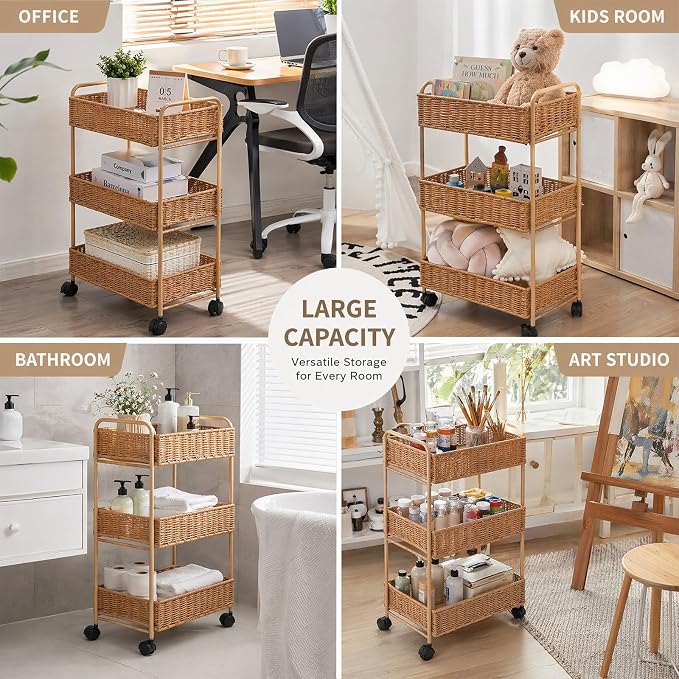 FOCHIER F Utility Storage Cart,3-Tier Rolling Kitchen Office Laundry Room Cart with Wheels,Mobile Shelving Unit Organizer for Living Room,Bathroom, Baby Diaper Cart,Art,Dining Room