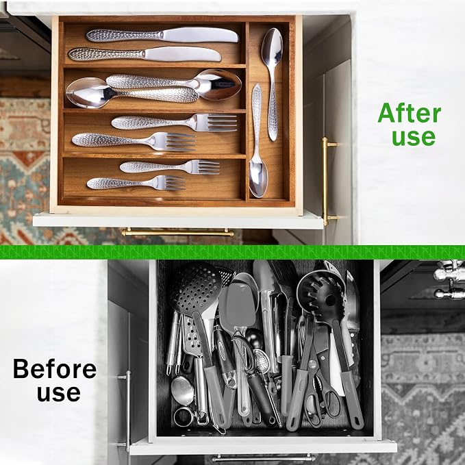 Greenual Acacia Wood Silverware Organizer 10 In Utensil Organizer Silverware Tray for Drawer Cutlery Flatware Organizer for Kitchen