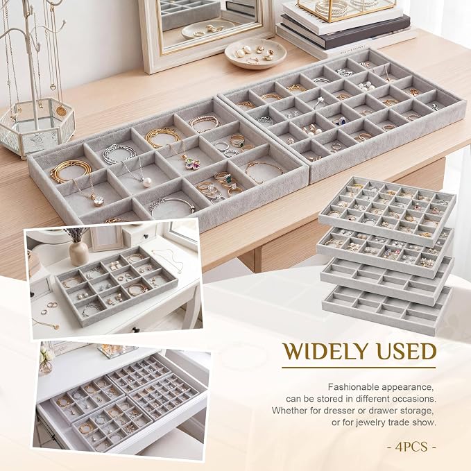Unittype Set of 4 Stackable Jewelry Organizer Tray for Drawer Inserts Velvet Necklace Earring Bracelet Ring Holder Jewelry Display Storage Box for Bangle Stud Necklace Ring(24+12 Grid,Gray)