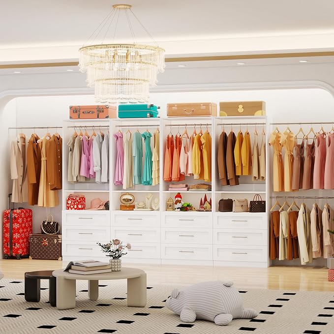 Closet System with 3 Sets, 6FT-15FT Customizable Closet Organizer System with 9 Drawers & 3 Shelves & 6 Hanging Rods, Modular L-Shaped Walk-in Closet or Freestanding Tower Closet Storage System, White