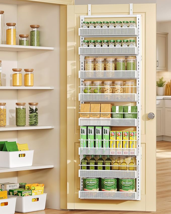 Over the Door Pantry Organizer - 8 Tiers Height Adjustable Pantry Organizers and Storage with Dense Mesh Baskets, Metal Door Hanging Spice Rack for Kitchen Bathroom (White, 17.2" W x 6.2" D x 69.2" H)