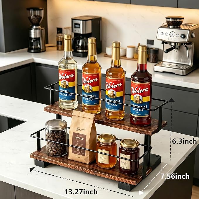 2-Tier Coffee Syrup Bottle Holder, Holds 8 Bottles, Stepped Design | Wood & metal structure, sturdy countertop rack for coffee bar, fits liquor, spice jars, wine & condiments.