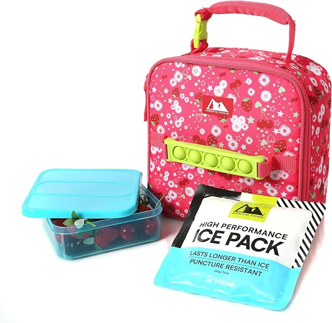 Arctic Zone Kids Lunch Box Combo with Gel Ice Pack and Sandwich Container, Insulated Bag for Travel Lunch, Sensory Fidget Toy Handle, Very Berry Cherry