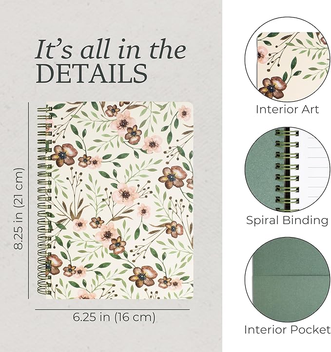 Steel Mill & Co Cute Green Mini Spiral Notebook, 8.25" x 6.25" Journal with Durable Hardcover and 160 Lined Pages, Woodland Floral