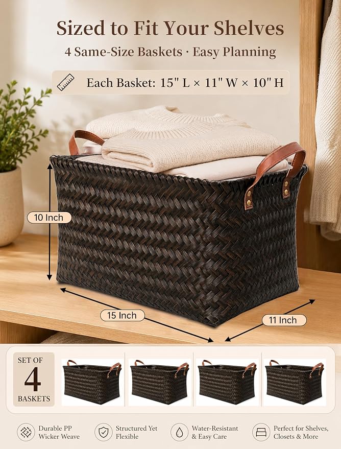 Hand Woven Baskets for Storage, 4Pcs Water-Resistant Wicker Baskets, Dark Gold Wicker Storage Baskets for Shelves, Large Basket with Handle for Organizing, Laundry, Blanket-Rectangular