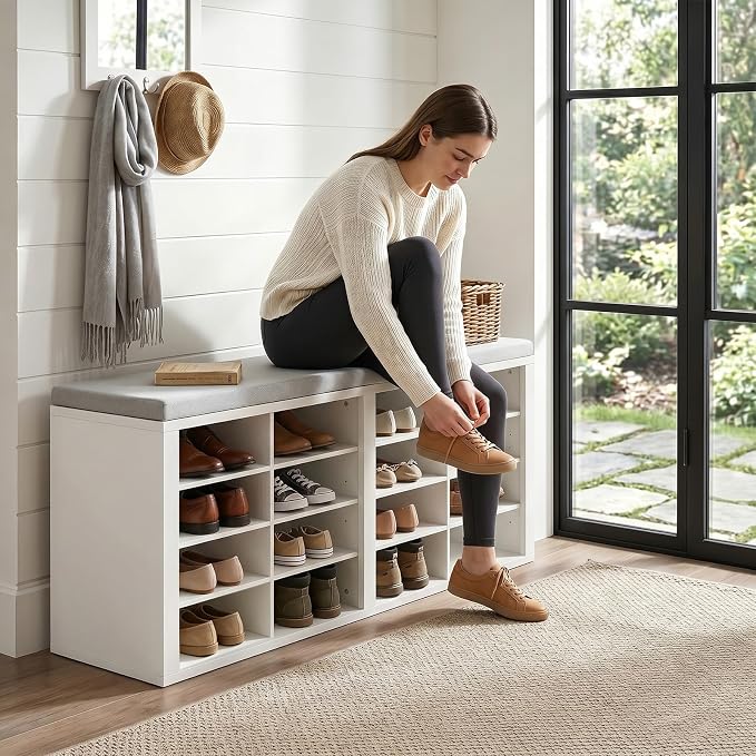 Shoe Rack Bench, Shoe Storage Bench with Cushion, Shoe Organizer 16 Cubbies for Entryway Hallway Bedroom Living Room, Holds Up to 400lbs