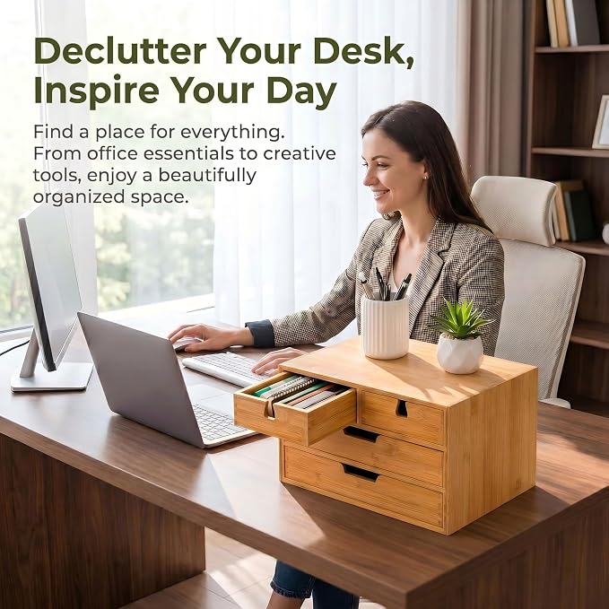 DEAYOU Bamboo Desk Organizer, 100% Natural Bamboo Desktop Drawer Organizer, Tabletop Storage Cabinet Organization Box with 4 Drawers for Makeup, Letter, Home Office Supplies, 3-Layer, Fully Assembled