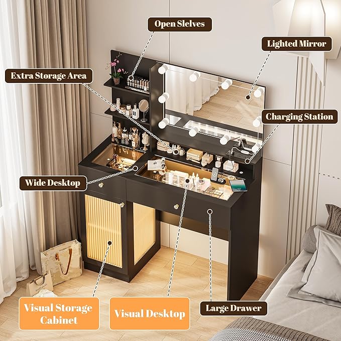 INNOD 40" Vanity Desk with Large Mirror and Lights, Modern Glass Top Makeup Vanity Set with Power Outlet, Drawers and Cabinet, 3 Lighting Color Adjustable Dressing Table for Bedroom, Black