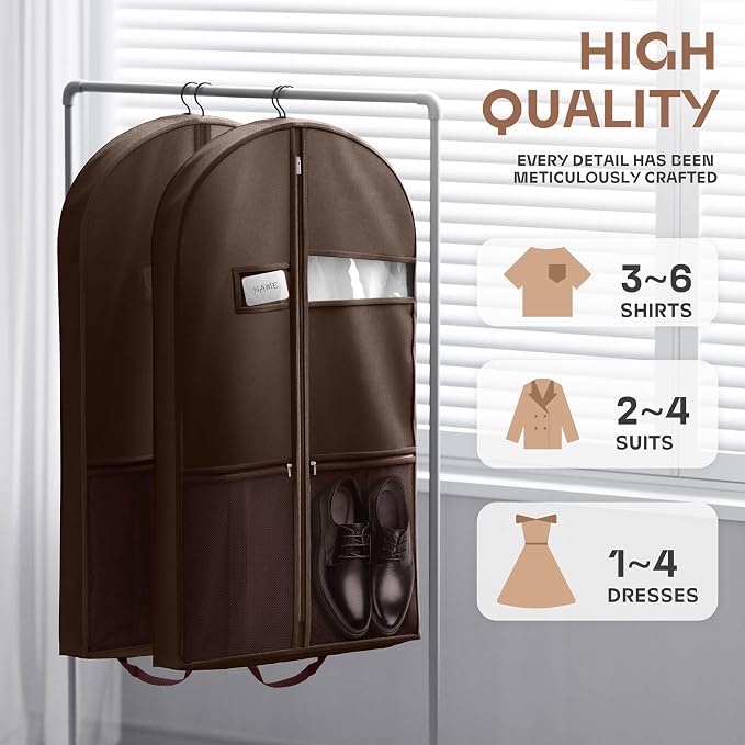 Lazebox 43" Travel Garment Bag with Accessories Zipper Pocket, Heavy Duty Suit Bag for Suits, Tuxedos, Dresses, Coats, Brown, 1 pack