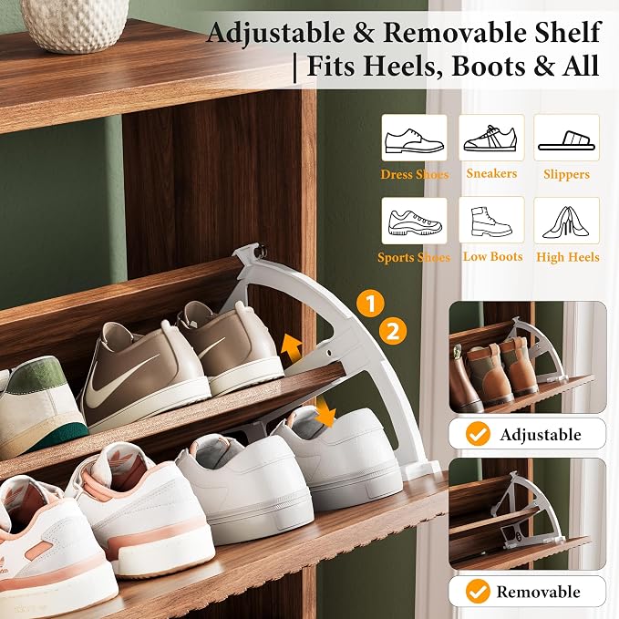 Nicetree Shoe Storage Cabinet for Entryway - 2 Flip Drawers Shoe Cabinet with Tiered Fluted Design - Slim Shoe Storage Rack with Gold Legs - Narrow Shoe Cabinet Hidden Shoe Organizer for Small Spaces