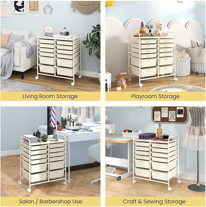 Moccha 12-Drawer Rolling Storage Cart - Utility Cart on Wheels with Lockable Casters for Craft Art Supply Paper Salon, Mobile Drawer Carts for Classroom Teacher School Office (White)