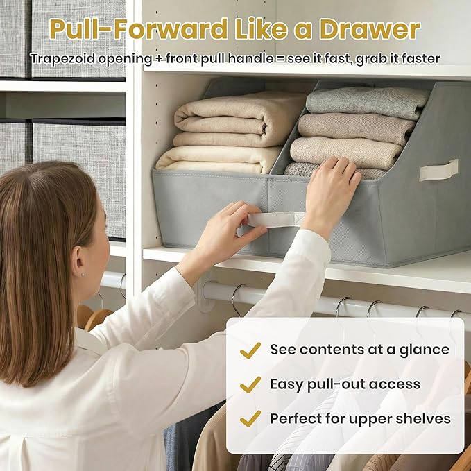 Closet Organizers And Storage - EXTRA LOAD & HEIGHT FOR DEEP Trapezoid Storage Bin W/ Handles & Adjustable Dividers, Collapsible Storage Bins For Clothes Storage & Shelf Organizer (4pcs, L, LightGray)