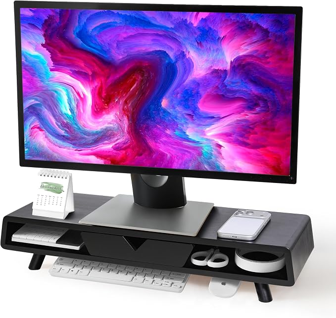 Homerays Monitor Stand with Drawer, Exquisite Computer Monitor Stand for Desk, Ergonomic Wood Monitor Stand Riser for Computer,Laptop,Printer,TV,Bamboo,Black