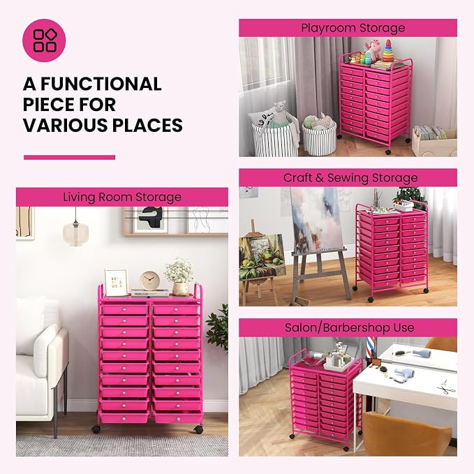 DREAMADE Rolling Cart with Storage Drawers, Utility Cart w/Removable Plastic Drawers, Lockable Wheels, Art Cart for Classroom Organization Art Supplies Office Scrapbook (20 Drawers, Hot Pink)
