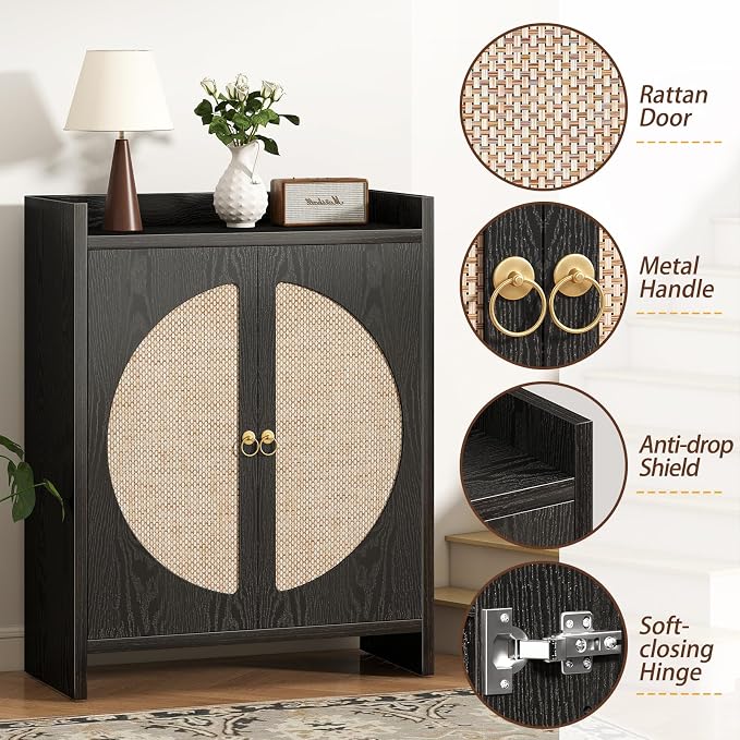 Shoe Cabinet Storage for Entryway - Rattan Entry Way Shoe Storage Cabinet with Adjustable Shelves, Wood Shoe Organizer Cabinet, Accent Cabinet with Doors for Entrance Hallway Living Room Foyer