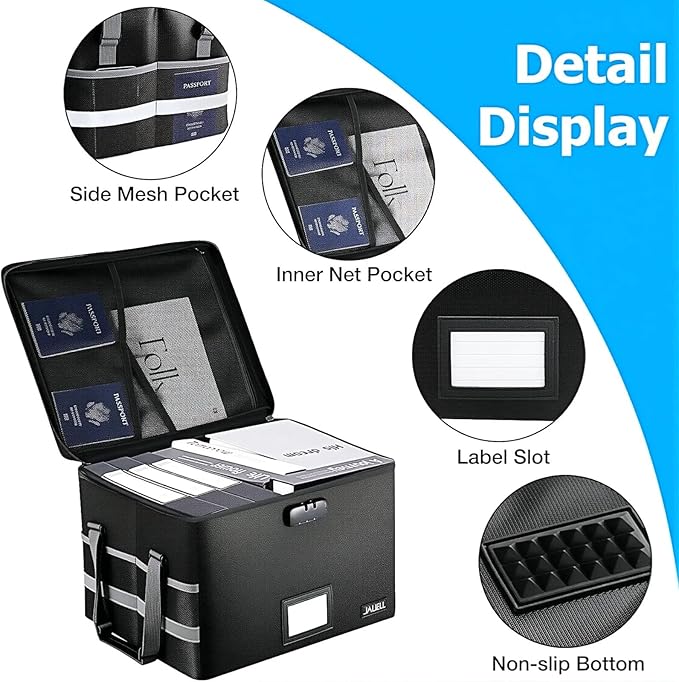File Box with Lock, Fireproof Document File Organizer Box with Zipper & Adjustable Handle, Collapsible File Storage Box Home Office Safe Filing Cabinet for Hanging Letter/Legal Folder