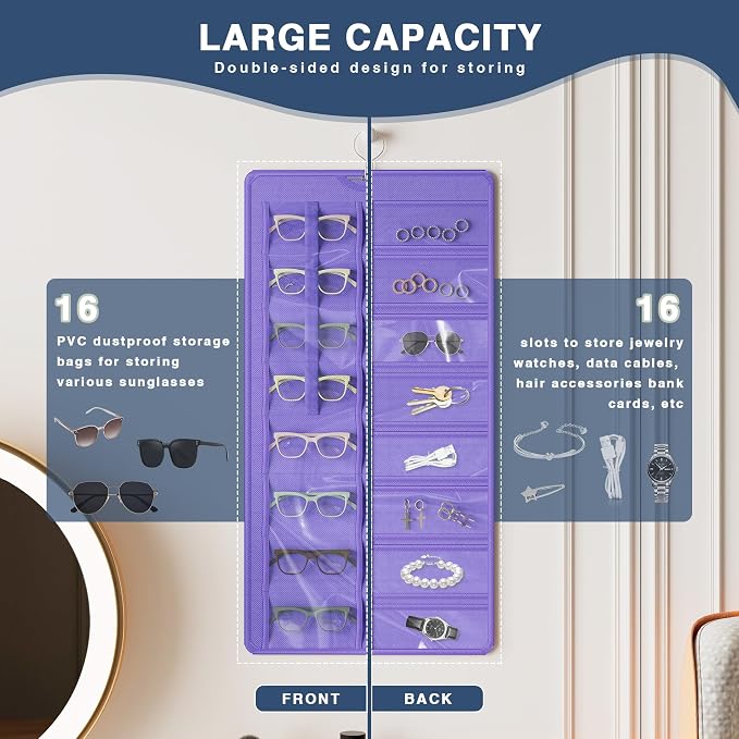 Hanging Sunglasses Organizer and Storage, 32 Slots Jewelry Holder, Purple | Protect eyewear from dust with double-sided clear compartments; roof design hangs on wall, door or closet for home/RV travel.